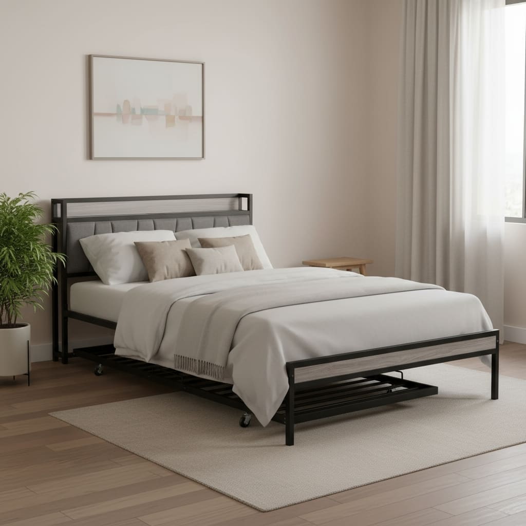 HomeRoots Black and Gray Metal And Upholstery Queen Bed Frame With Trundle