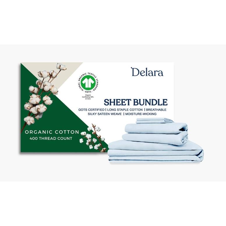 Delara GOTS Certified 100% Organic Cotton Bedding Bundle, Long Staple Cotton, Ultra Soft, Moisture-Wicking, Smooth & Breathable - Light Blue - King
