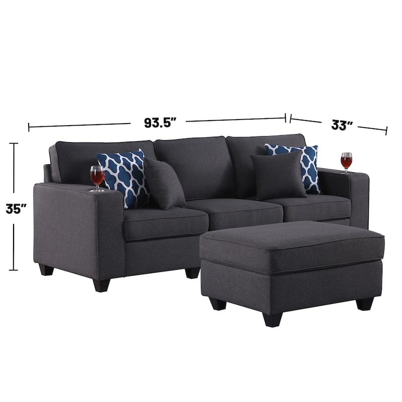 Linen Upholstered Sofa with Ottoman in Dark Gray