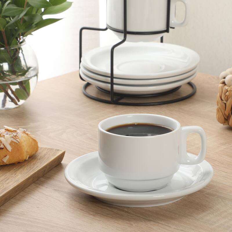 Gibson Home Gracious Dining Cups and Saucers Set of 4, Stackable Coffee Set with Metal Stand for Espresso and Cuppuccino