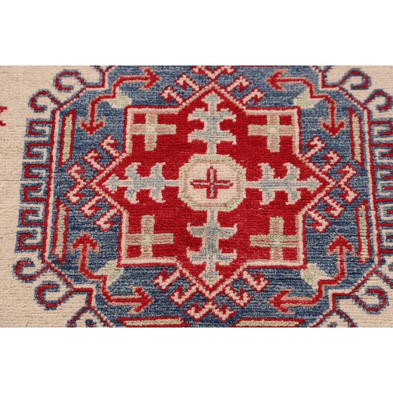 Geometric Beige Kazak Foyer Rug Hand-Knotted Wool Carpet - 3'5" x 5'0"