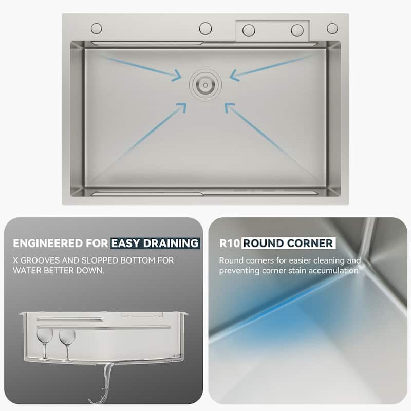 33x22 in. Fly Rain Drop in Kitchen Sink Single Bowl Waterfall Workstation Kitchen Basin with Faucet