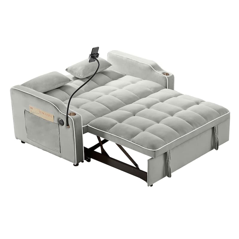 Anmytek Velvet Foldable Double Seat Recliner Sleeper Sofa Bed with USB Port and Side Pockets