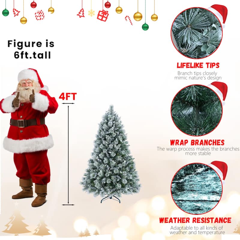 4FT Flocked Christmas Tree with Pine Needles & Eucalyptus Leaves, 404 Tips, Hinged Branches, Metal Stand-Snowy Artificial Tree
