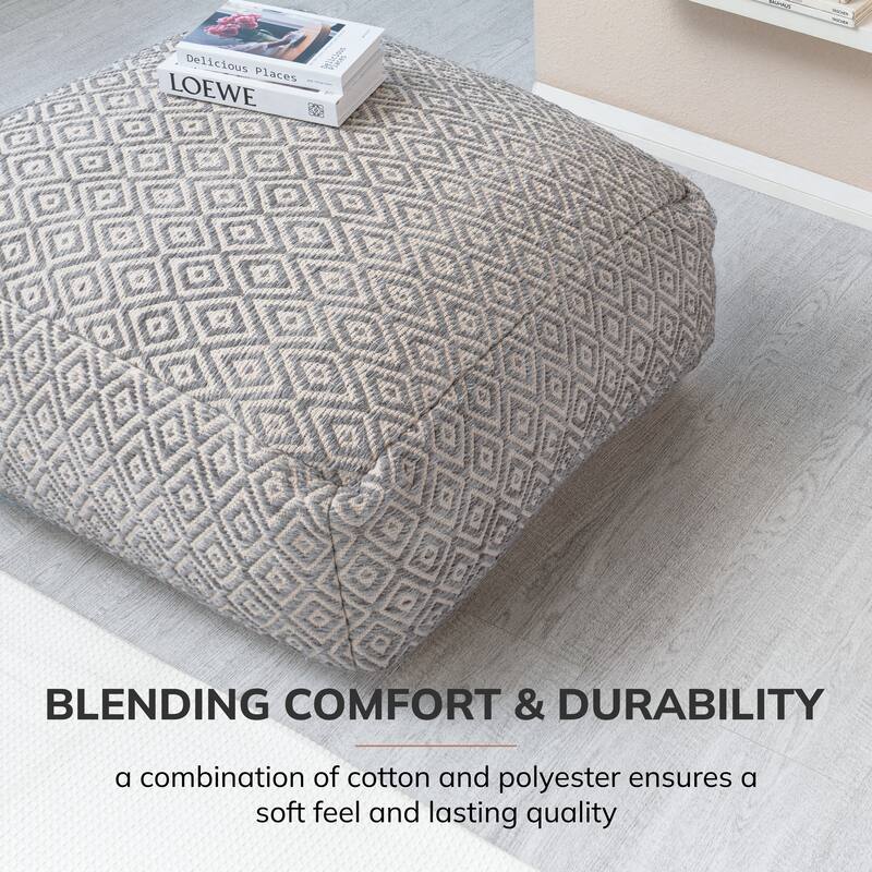 Jani Willamette 34-inch Beige Square Oversized Pouf Ottoman - Stylish Footrest for Living Room, Bedroom