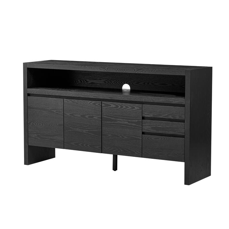 60" 3-Door Sideboard with 3 Drawers-Ash Veneer MDF Sideboard,Semi-Open Shelf，Center Semi-Circular Cutout,Storage Cabinet