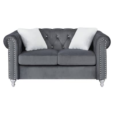 Tufted Faux Jewel Velvet 2-Seater Sofa with Throw Pillows - 60" - Gray