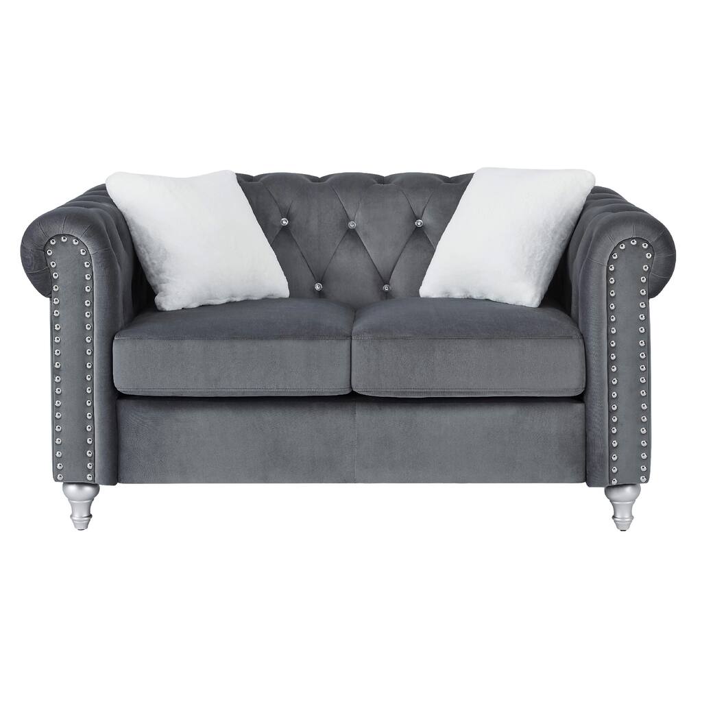 Tufted Faux Jewel Velvet 2-Seater Sofa with Throw Pillows - 60" - Gray