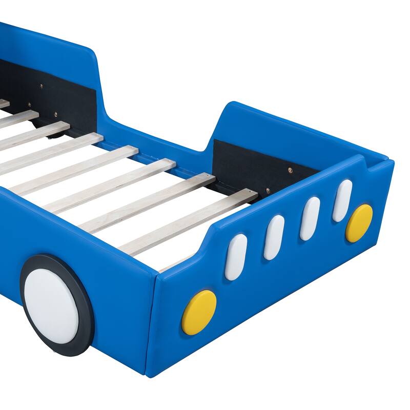 Race Car-Shaped Platform Bed, PU Leather Upholstered Grounded Bed, Wood Low Profile Panel Bed with Wheels