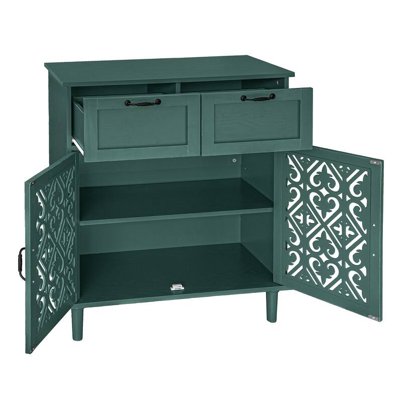 Cabinet with 2 Carved Pattern Doors & 2 Drawers, Small Entryway Storage Table, Accent Cabinet with Metal Handles & Wooden Legs