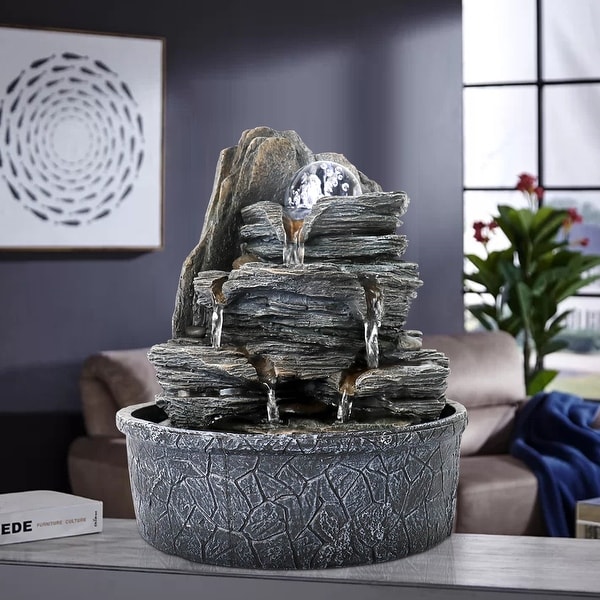 9.8inch Rockery Indoor Tabletop Water Fountain w/Lights & Crystal Ball