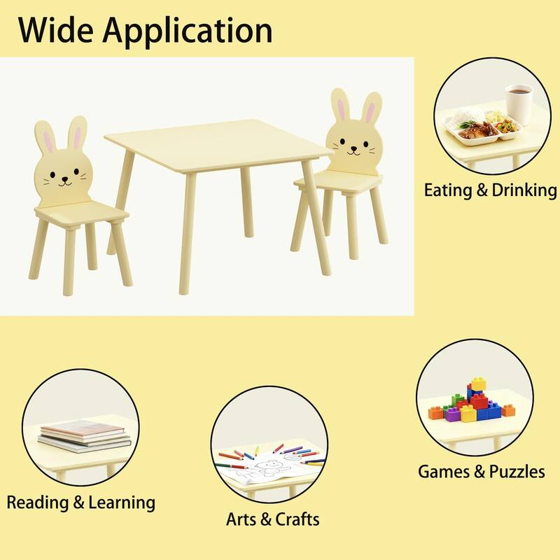 Kids Table and Chair Set with 2 Bunny Chairs, Children's Wooden Activity Table for Toddlers, Cute Animal Design Set