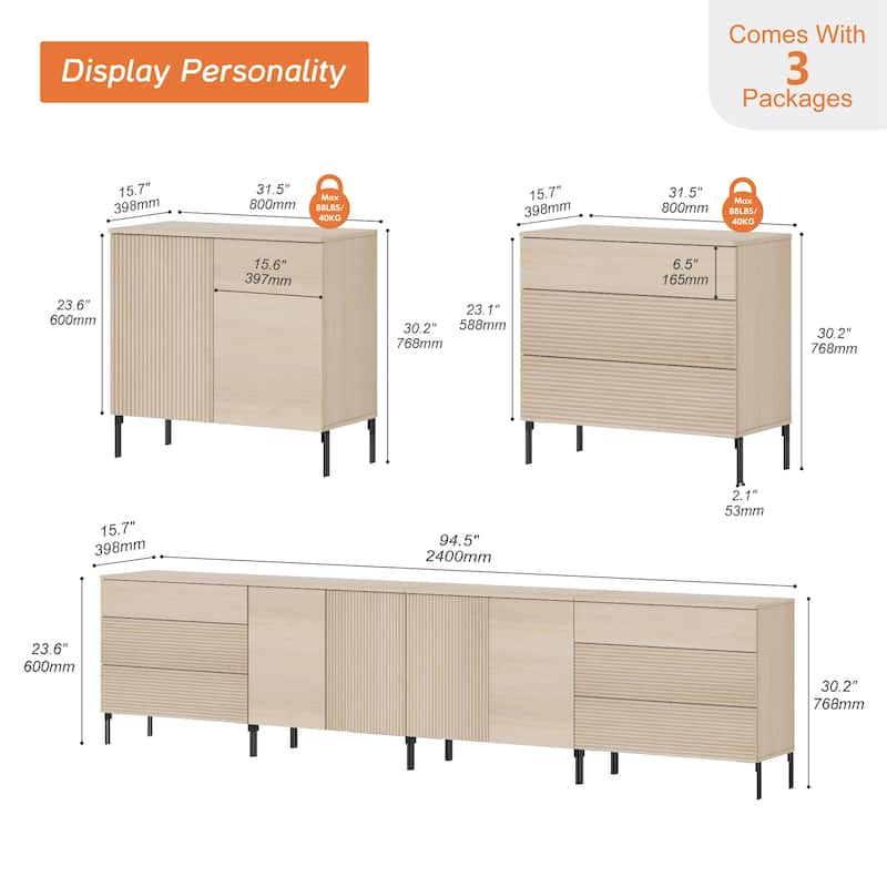 126" Modern Reeded 4-Door Sideboard With Drawers, 4-In-1 Wooden Credenza Storage Cabinet