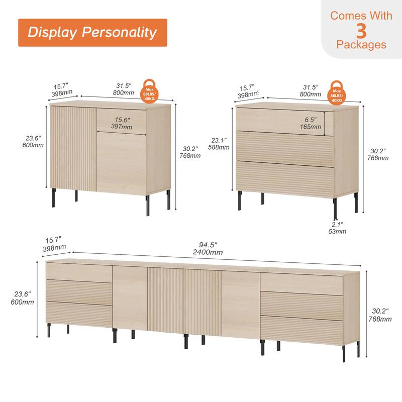 126" Modern Reeded 6-Drawer Dresser For Bedroom, Minimalist Chest Of Drawers With Storage, Wooden Dresser