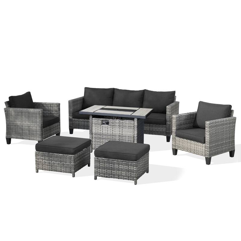 OVIOS 6-piece Patio Furniture Outdoor Wicker Set With Cozy Rectangle Fire Table