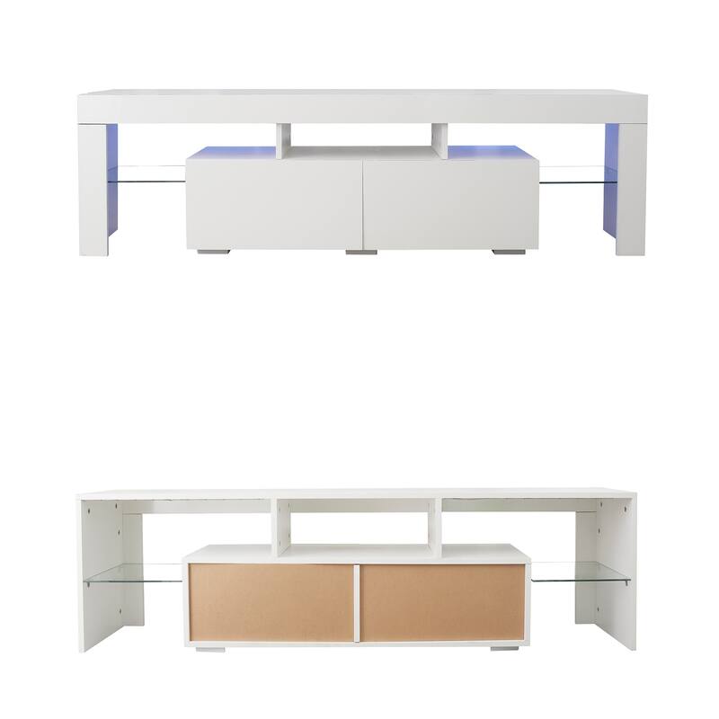 Modern TV Stand up to 70" TV with 2 Drawers & Shelves, LED Lights - 63"W x 14"D x 18"H