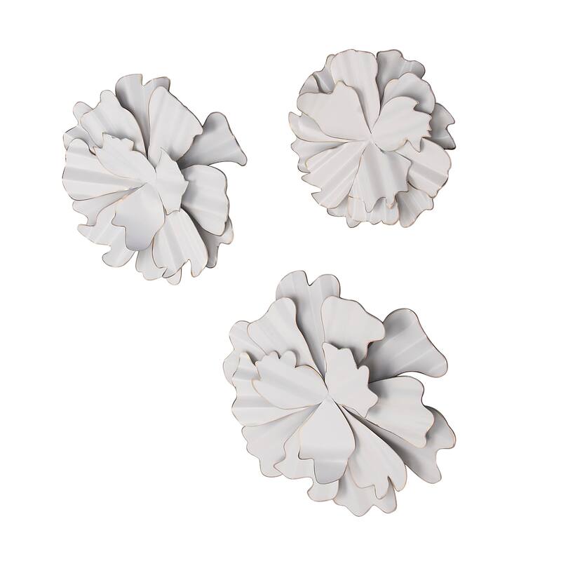 White Metal 3D Floral Home Wall Decor with Gold Edges (Set of 3)
