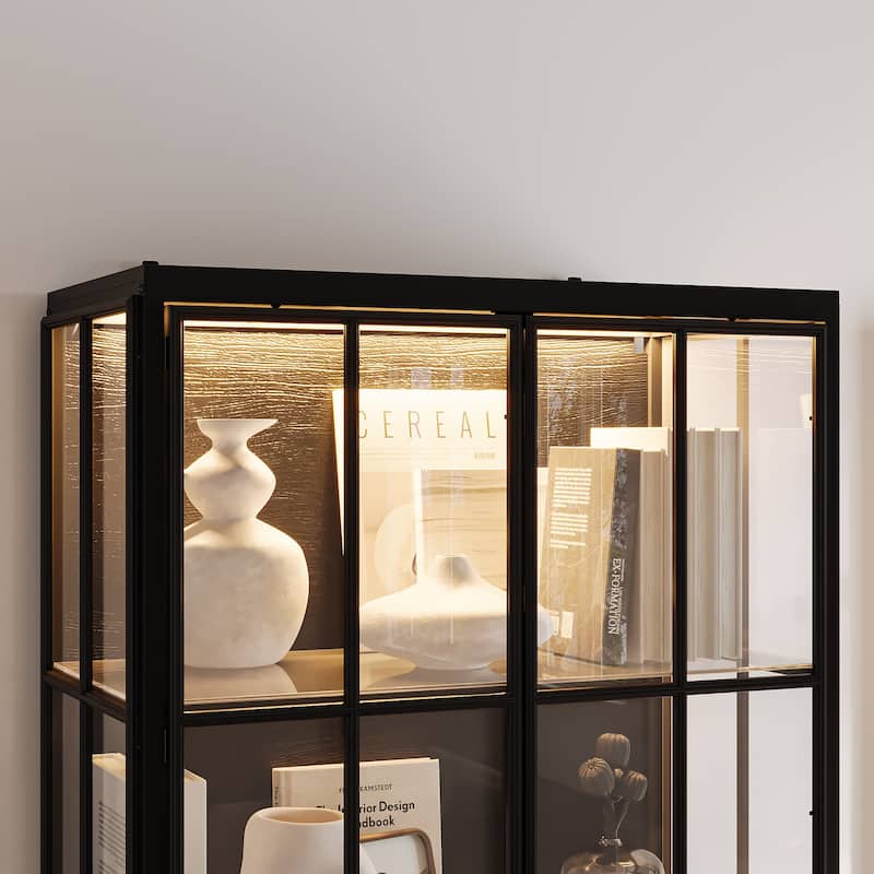 70.9"H Metal Glass Display Cabinet LED Light Bookshelves Curio Cabinet