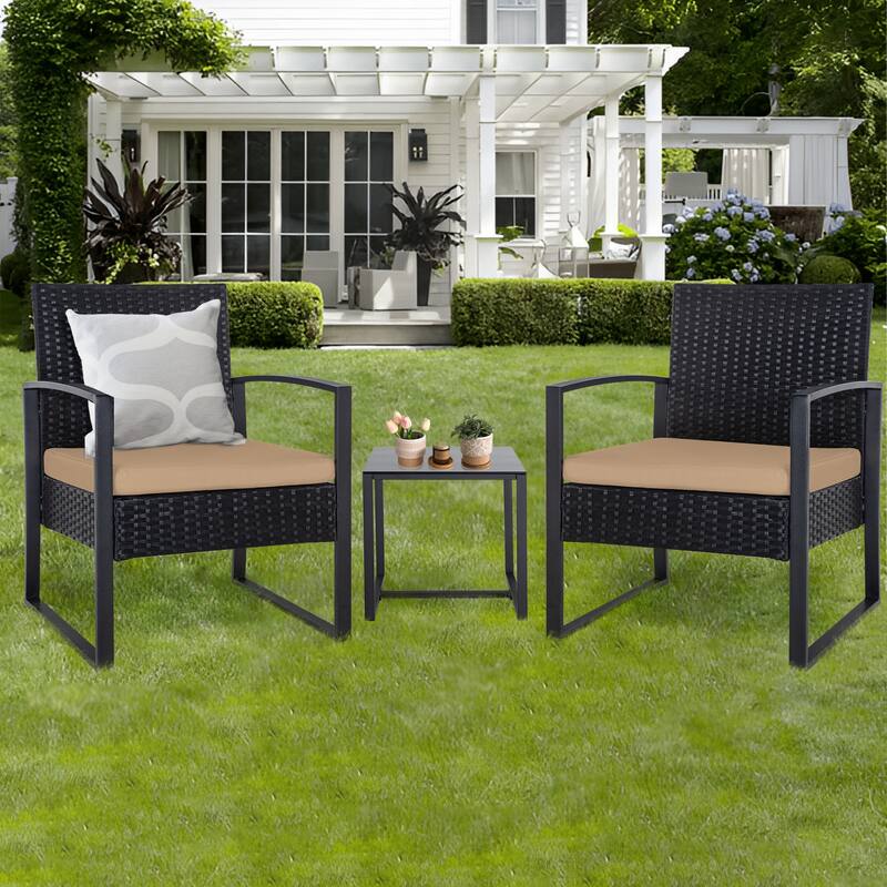 3-Pieces Wicker Patio Conversation Set Outdoor Chairs with Cushions