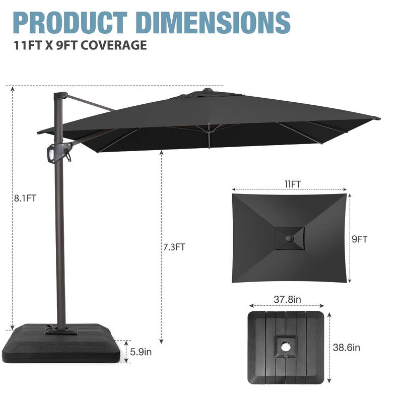VredHom Patio Outdoor 9 x 11 FT Cantilever-Offset Umbrella with Premium Weight Base