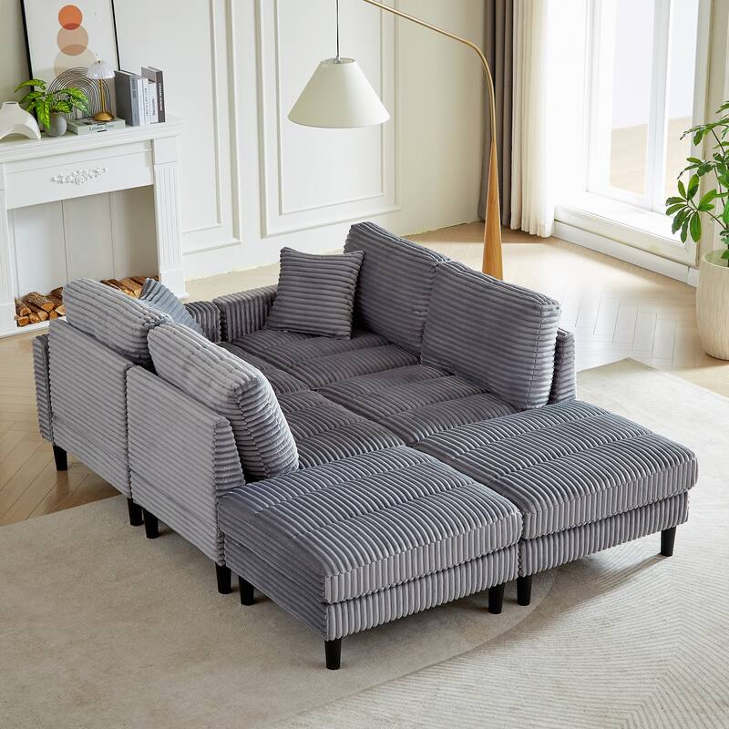 122.5" Corduroy U-Shaped Sectional Sofa with Ottomans & Pillows