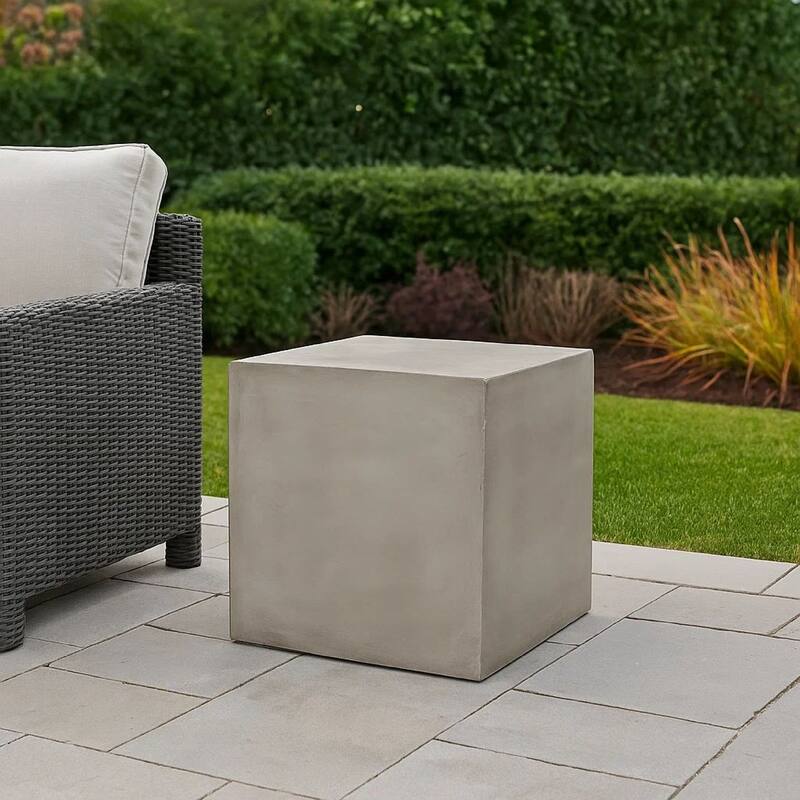 Ebec Outdoor Side Table, Modern Cube Light Gray Faux Concrete, 22 Inch