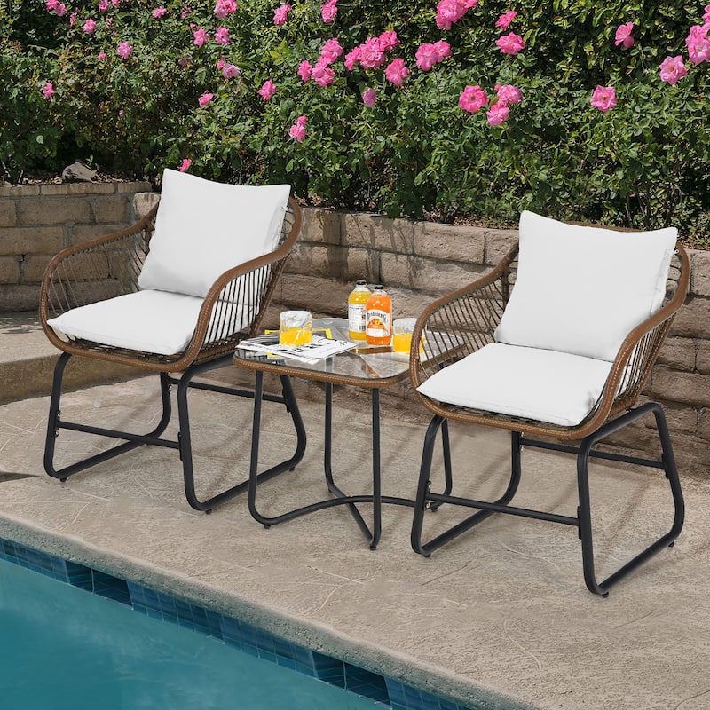 Costway 3PCS Patio Rattan Bistro Set Cushioned Chair Glass Table Deck - See Details