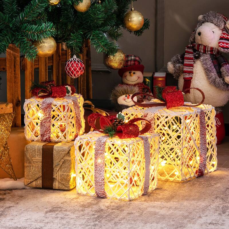 Costway Set of 3 Christmas Lighted Gift Boxes, Indoor Present Box - 9.5''x 9.5''x 10.5''(L x W x H) - 9.5''x 9.5''x 10.5''(L x W x H) - overstock.com/bedbathandbeyond.com
