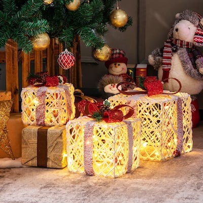 Costway Set of 3 Christmas Lighted Gift Boxes, Indoor Present Box - 9.5''x 9.5''x 10.5''(L x W x H)