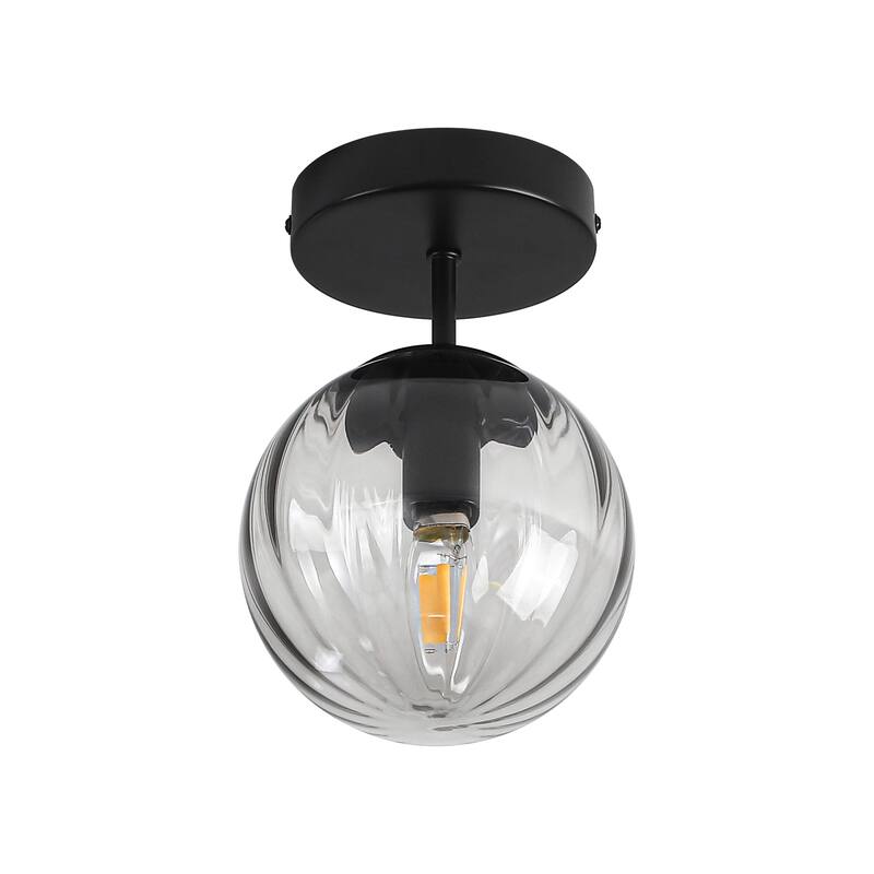 Modern Single Semi Flush Ceiling Light with Metal Base & Ribbed Gray Glass Globe Shade