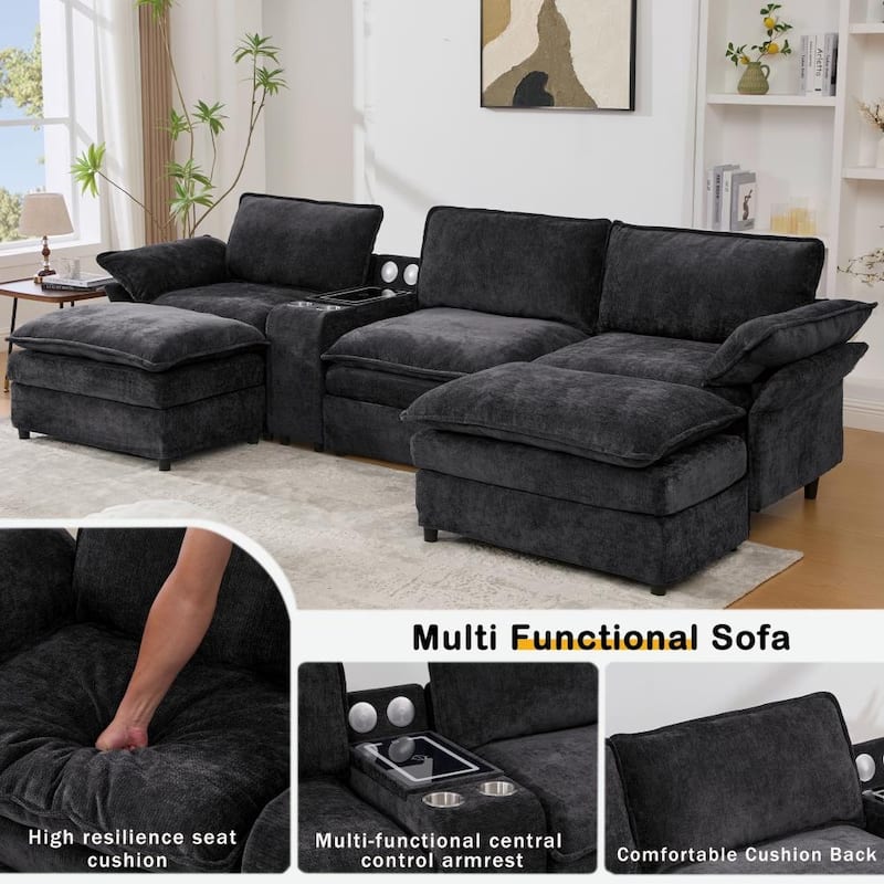Modern Modular Sectional Sofa with Storage Console and Wireless Charging, Ottomans