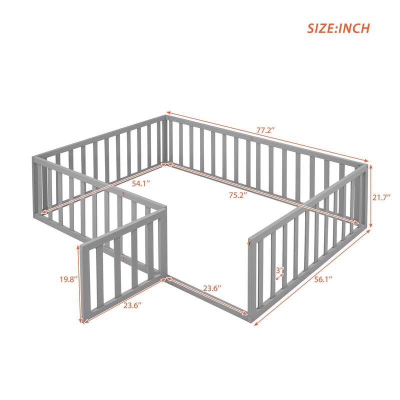 Versatile Wooden Floor Bed Frame without Slats, Solid Pinewood Kids Bed Frame with Fence and Door