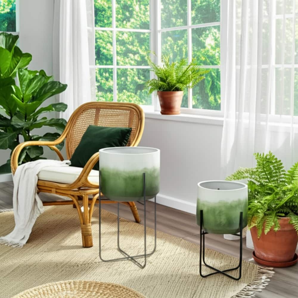 Metal Planters Sleek Modern Stands Decorative Accent Design (Set of 2)