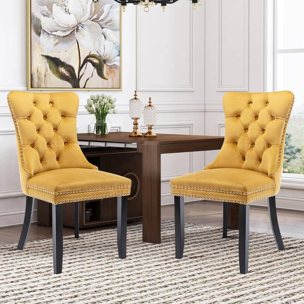 Set of 2 Modern Glam Velvet Dining Chairs - Armless TuftedAccent Side Chairs with Nailhead Trim & Ring Handle