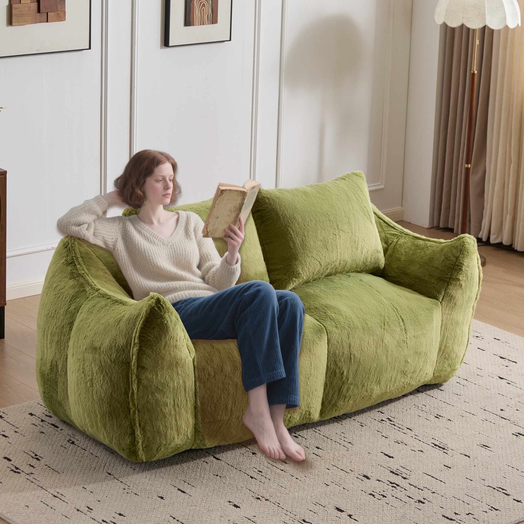 Fabric Upholstered Oversized Chase Lounge Loveseat Bean Bag Lazy