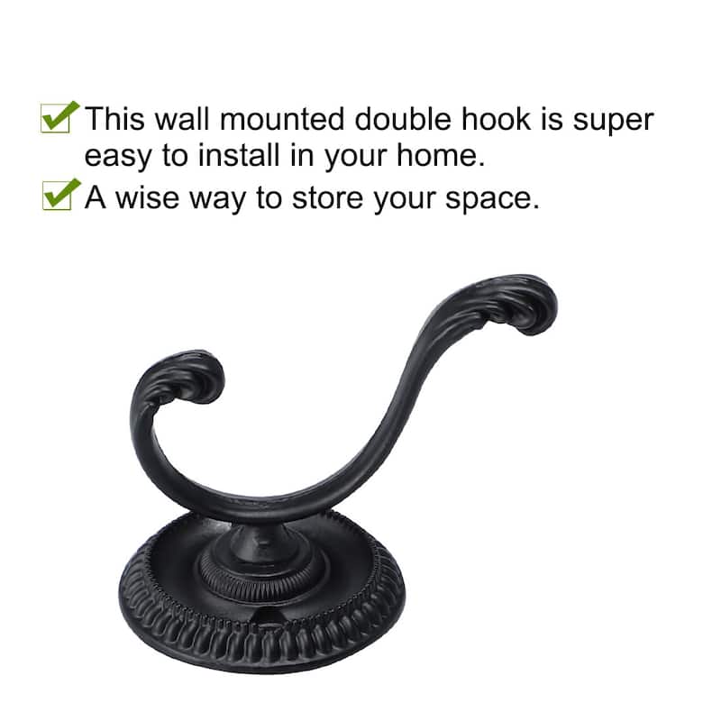 5pcs Dual Robe Hooks Zinc Alloy Bathroom Hooks Towel Hanger w Screws - Black - 2.4" x 1.7" x 2.1"(L*W*H)