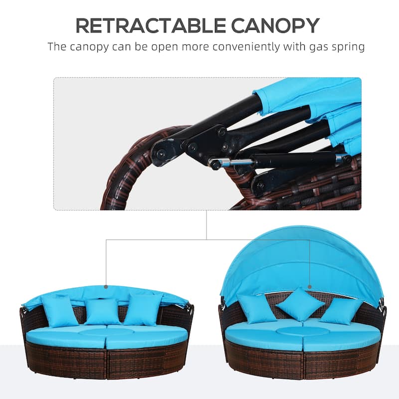 Outsunny 4-Piece Rattan Patio Furniture Set, Round Convertible Daybed or Sunbed with Adjustable Sun Canopy