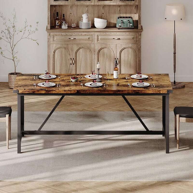70.87 Inch Large Farmhouse Dining Table, with Wood Grain Engineered Panels - Rustic Brown