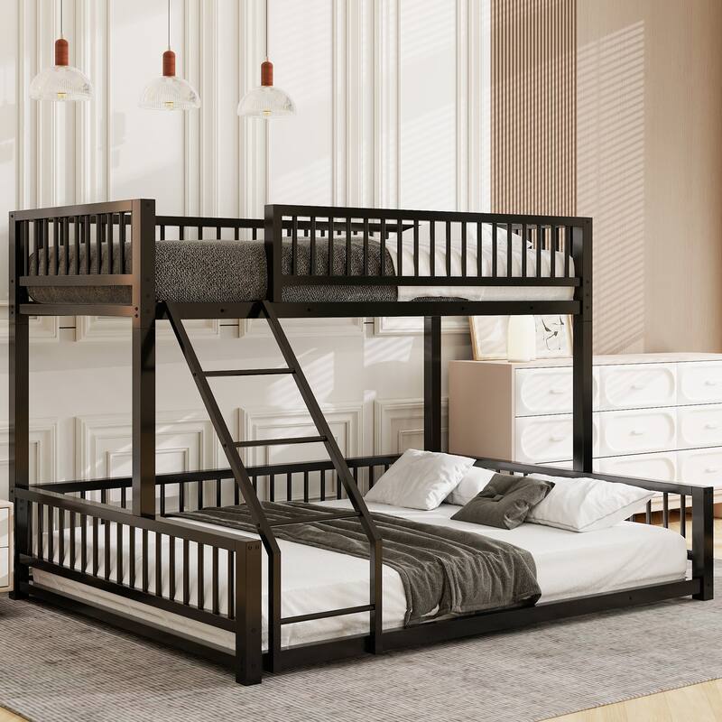 Floor Bunk Bed Heavy Metal Bed Frame with Ladder and Safety Guardrails, Detachable Bunkbeds Design Converts to 2 Platform Beds - Black Twin XL Queen - Queen