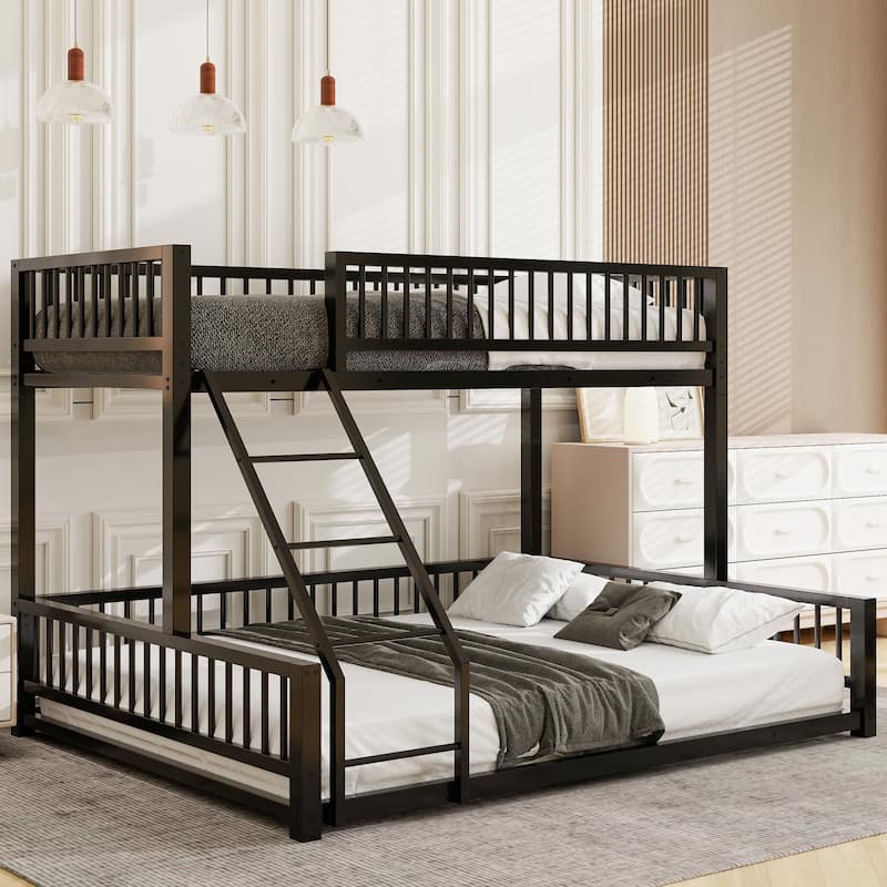 Roomfitters Twin/Full XL over Queen Floor Bunk Bed Frame with Ladder and Safety Guardrails Easy Assembly, Black - Black - Twin