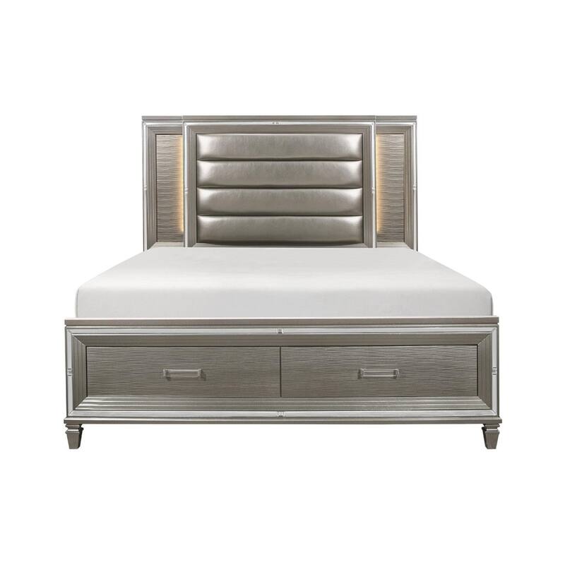 Rosalinda 4 Piece Gray Modern Faux Leather Upholstered LED Storage Platform Bedroom Set