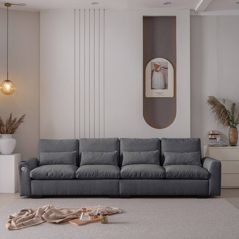 114.5" Modern Chenille L Shaped Sofa With Reversible Ottoman,Sectional Couch With USB Ports & Cup Holder