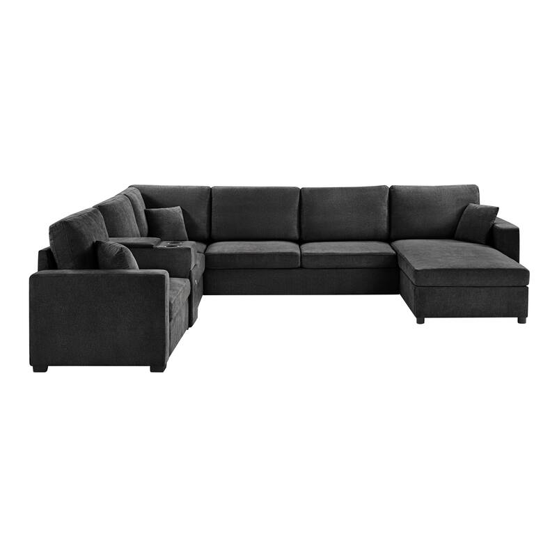 Modern 5-Seat Modular U-Shaped Sectional Sofa with Chaise, Storage Drawer, Built-In Cup Holders and Throw Pillows