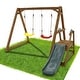 preview thumbnail 1 of 5, Wood Swing Set for Backyard, 2 in 1 Outdoor Swing Set with Slide, Climbing Rope Ladder Kids Backyard Playset