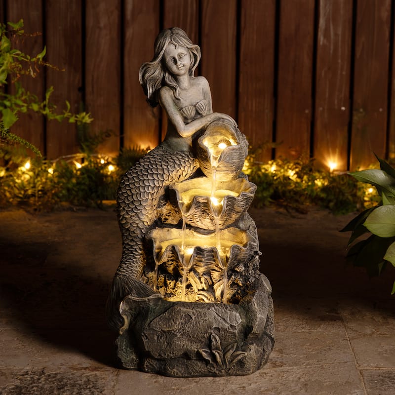 Glitzhome 22"H 4-Tiered LED Lighted Mermaid Fairy Polyresin Outdoor Floor Statue Fountains