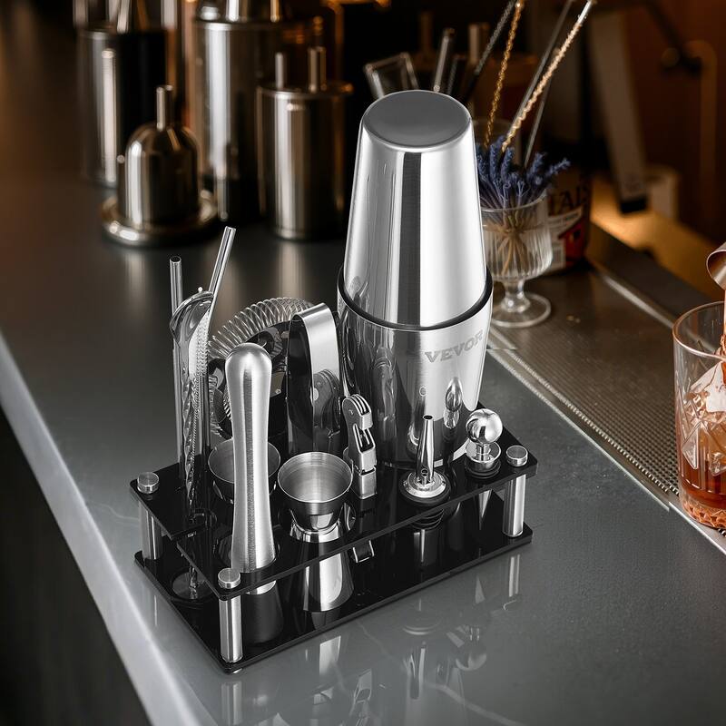 Stainless Steel Bartender Kit 14-Piece with Acrylic Stand & Shaker - 8.27 x 4.33 x 11.22 in