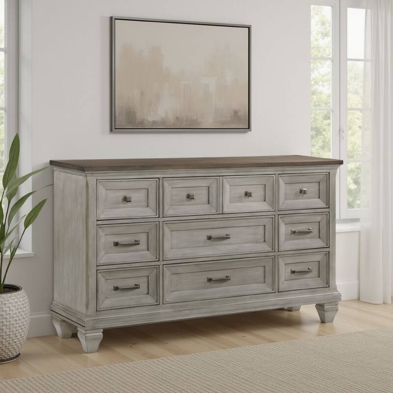 Giny Dresser, 65 Inch, 9 Drawers, Brown and Antique Gray Acacia Wood