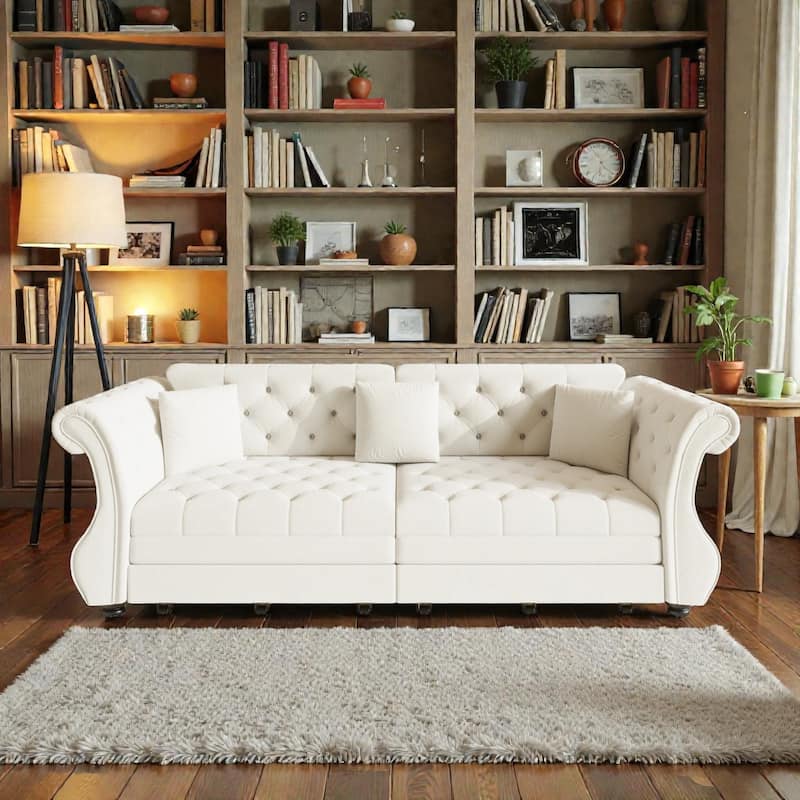 97.6 Inch Chesterfield Pull Out Sofa Bed, Velvet Roll Arm Couch with Flower Tufting, Convertible Sleeper