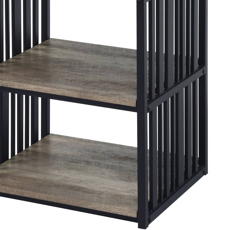 Antique Oak and Black 3-Shelf Nightstand with Metal Frame