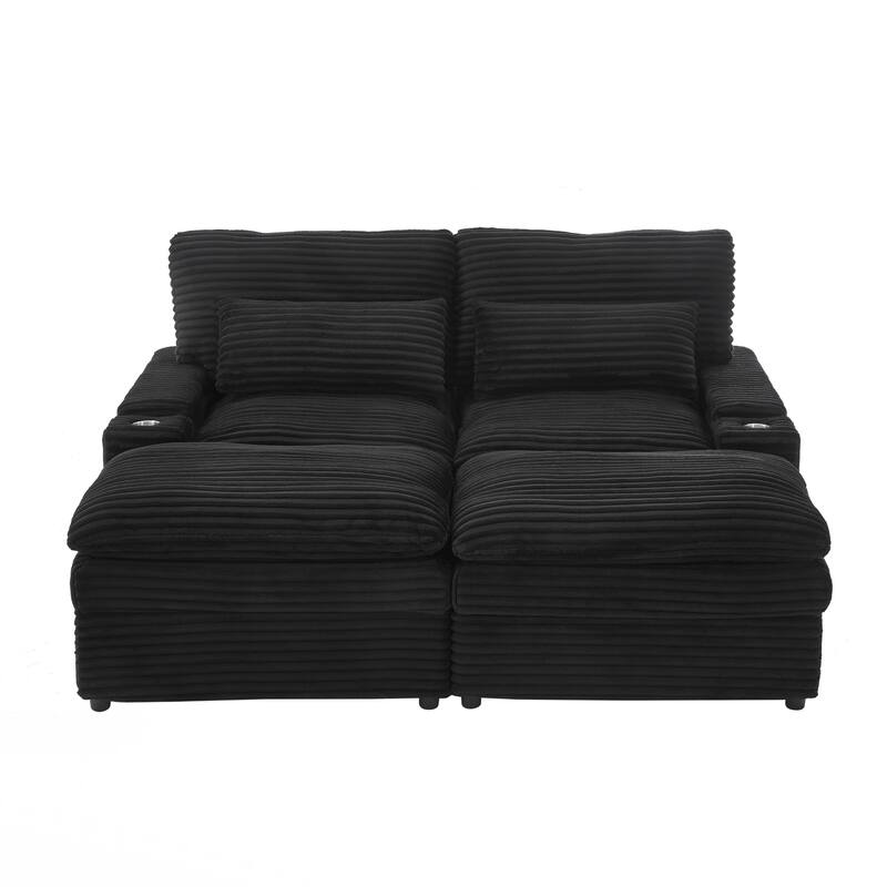 Loveseat Sofa Free-combined Sectional Convertible Sofa Bed with Storage Space, Two Movable Ottomans, Four USB Ports